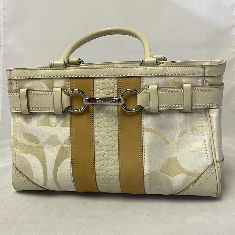 Coach Hampton beige and tan canvas logo and leather accents and trims Satchel.